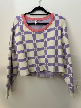 Anthropologie Daily Drills Cropped Cream & Lavender Check Sweater with Pink Trim